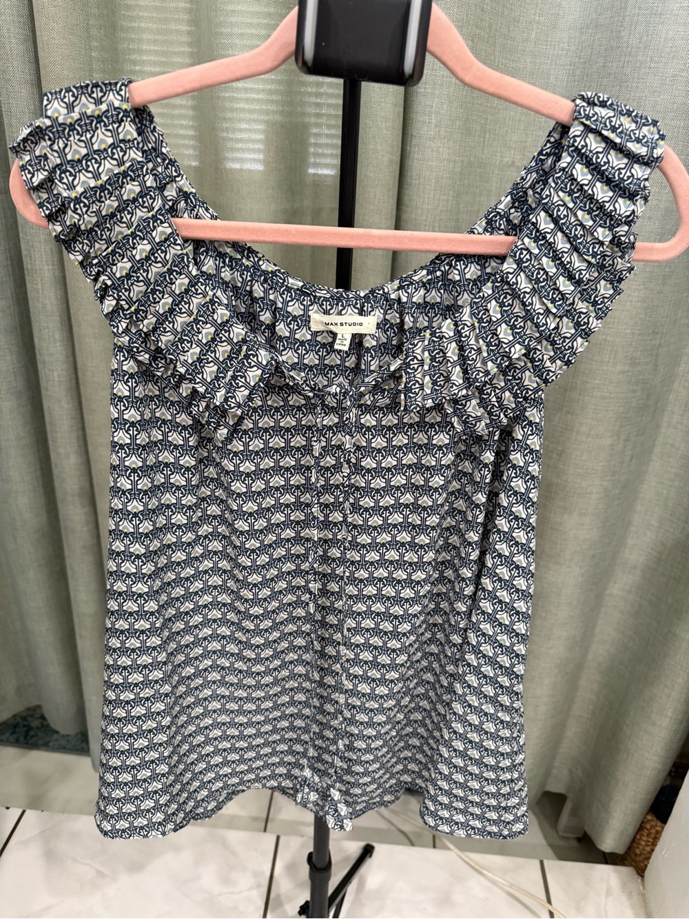 Max Studio Navy and Cream Printed Ruffle-Trim Camisole